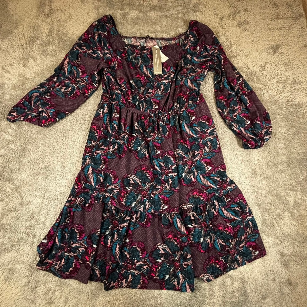 Lane Bryant Floral Tiered Mini Dress Purple Teal Long Sleeve Square Neck 14/16